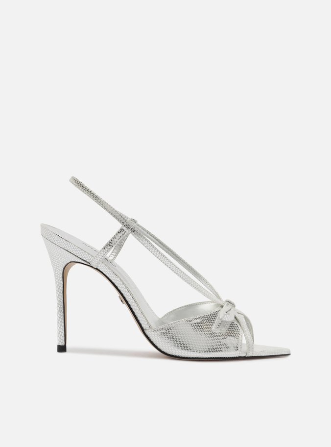 Sandália Prateada Salto Fino Snake Laço Slingback