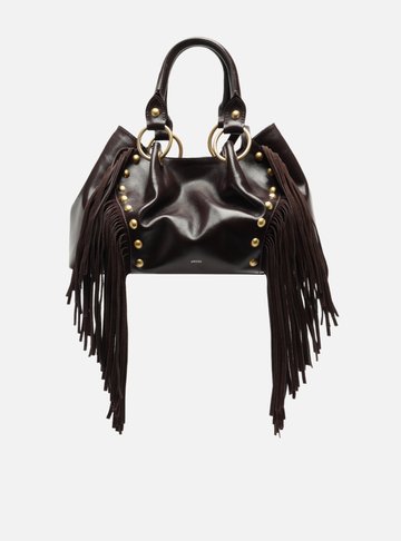 Bolsa Tote Marrom Couro Média Rebites Franjas