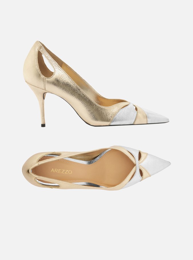 Scarpin Dourado Couro Salto Fino Vazado Bicolor