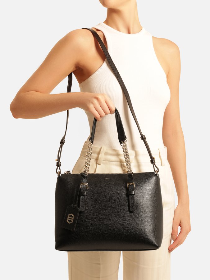 Bolsa Tote Preta Couro Grande Alça Corrente