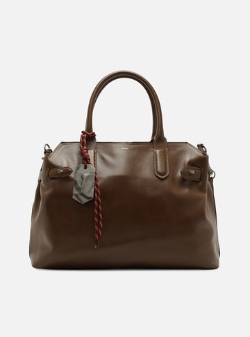Bolsa Tote Marrom Couro Grande Bag Charm Metal
