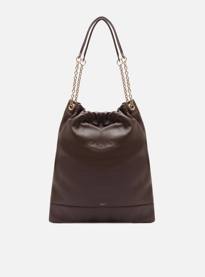 Bolsa Hobo Marrom Couro Média Corrente Dourada