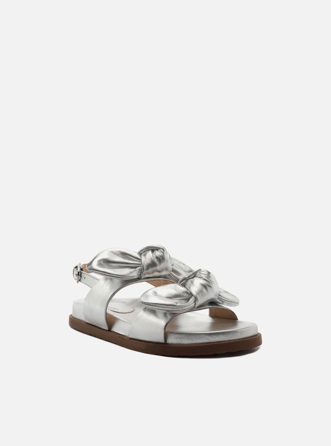 Sandália Rasteira Prata Couro Flatform Laços