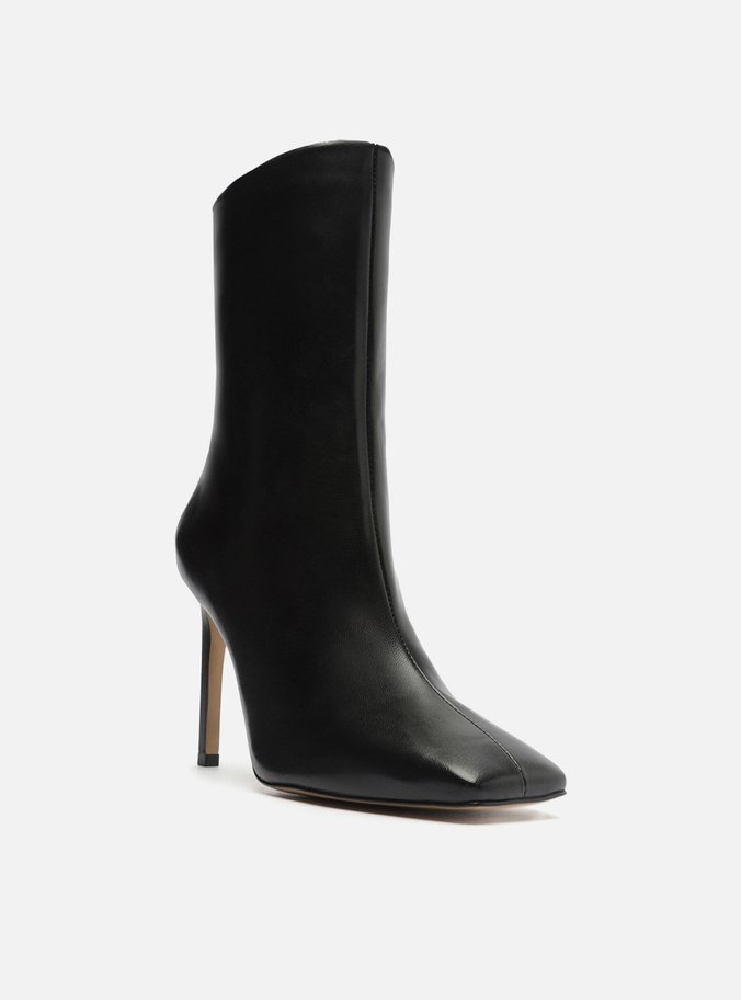 Bota Preta Couro Cano Médio Bico Quadrado