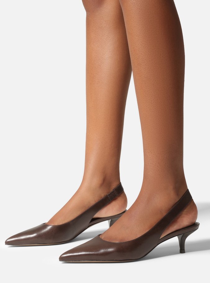 Scarpin Marrom Couro Salto Fino Slingback