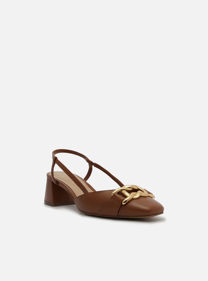 Scarpin Marrom Couro Bico Quadrado Aberto Metal