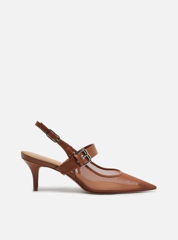 Scarpin Marrom Tela Salto Kitten Tira Afivelada