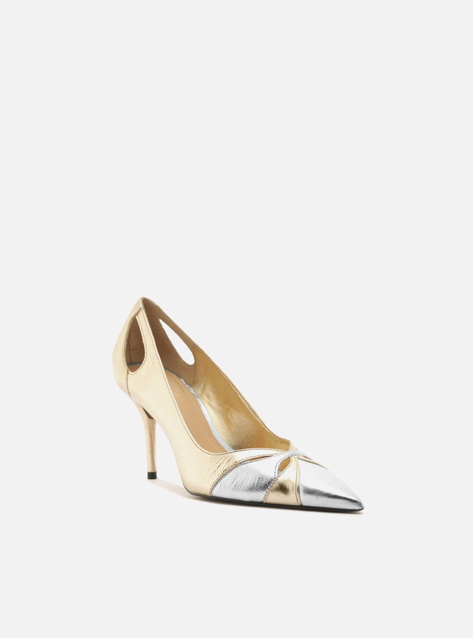 Scarpin Dourado Couro Salto Fino Vazado Bicolor