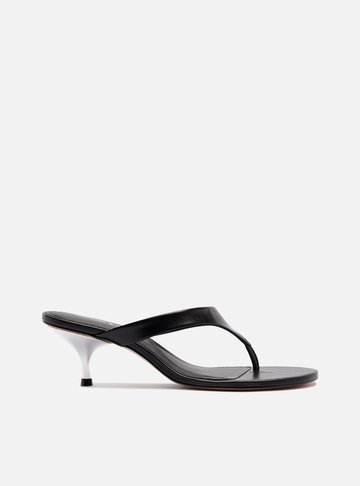 Sandália Preta Salto Kitten Prata Tira Thong TIG