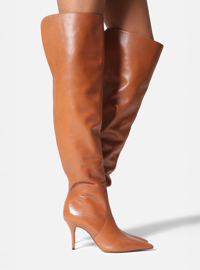 Bota Marrom Couro Over The Knee Salto Fino