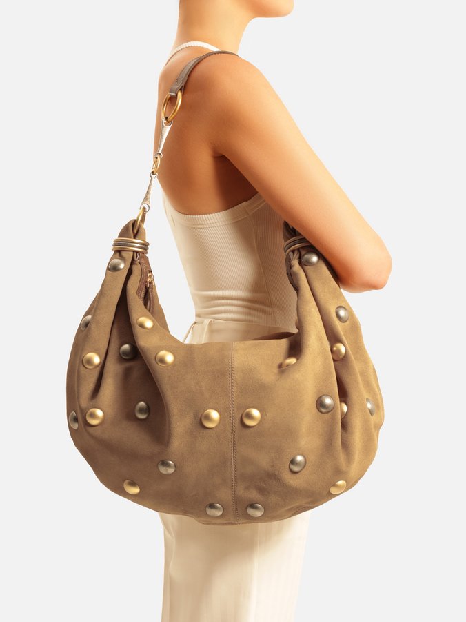 Bolsa Hobo Marrom Couro Acamurçado Grande Esferas