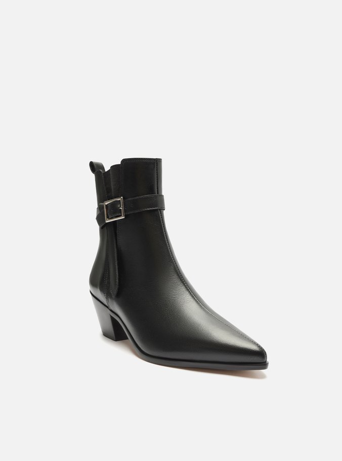 Bota Preta Couro Cano Curto Bico Fino Elástico