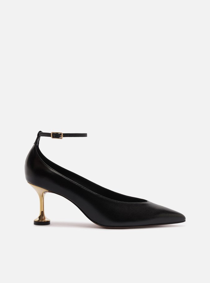 Scarpin Preto Couro Salto Taça Fivela