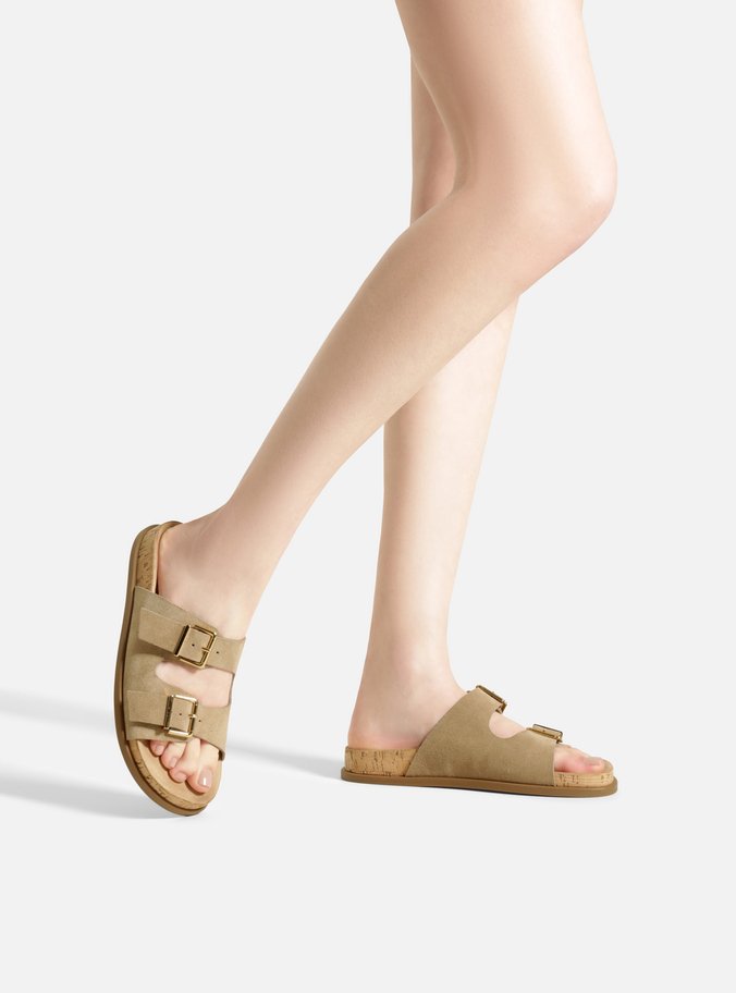 Sandália Papete Cinza Camurça Cortiça Fivelas