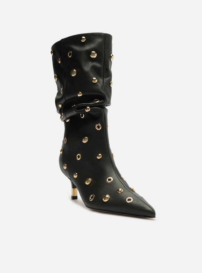 Bota Preta Couro Salto Fino Slouchy Rebites