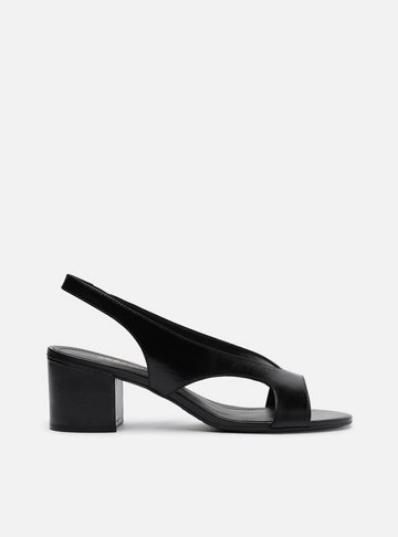 Sandália Preta Couro Bloco Tira Larga Slingback