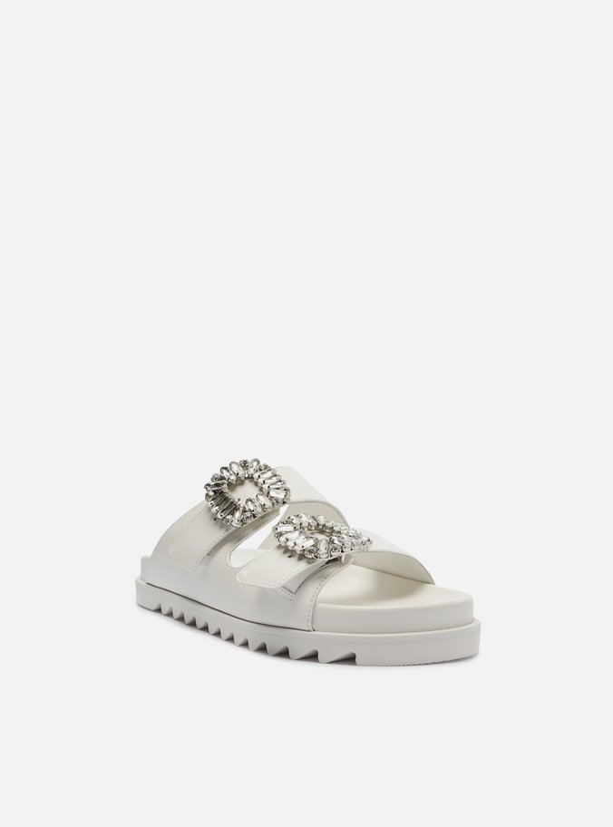Sandália Slide Branca Couro Flatform Pedraria