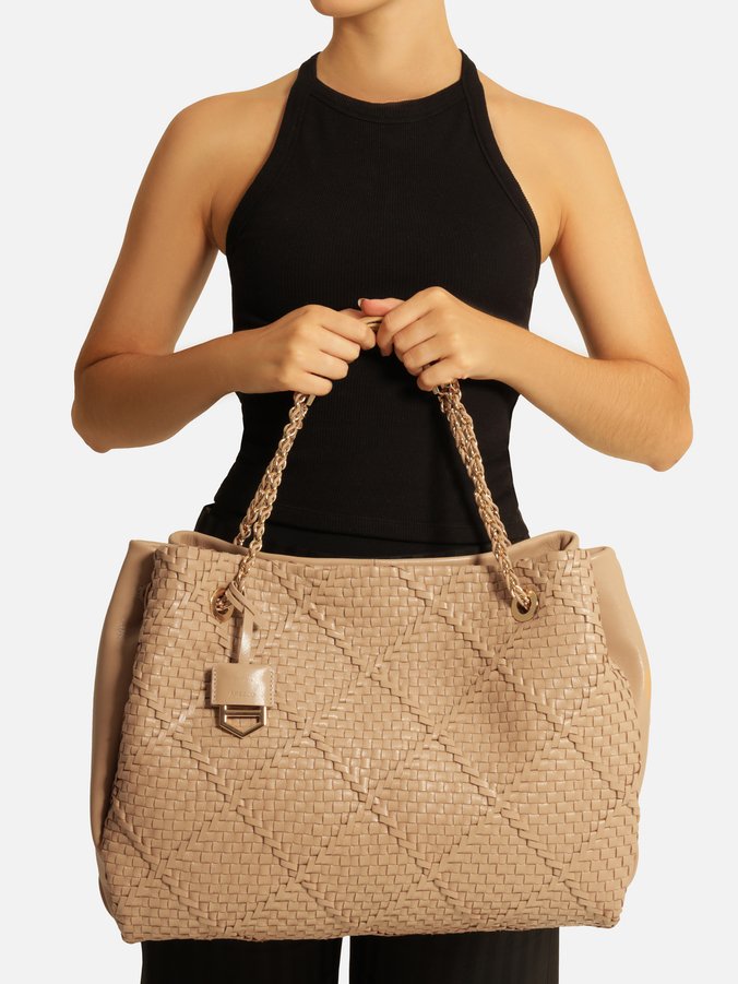 Bolsa Shopping Bege Couro Tressê Cruzado Grande