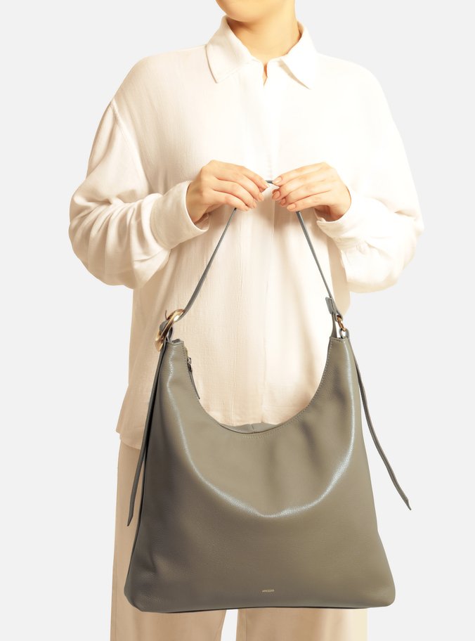 Bolsa Hobo Cinza Couro Grande Básica