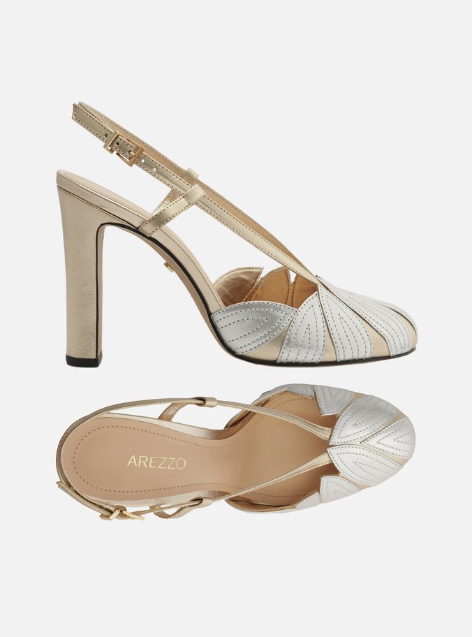 Scarpin Dourado Couro Salto Médio Folhas Prata