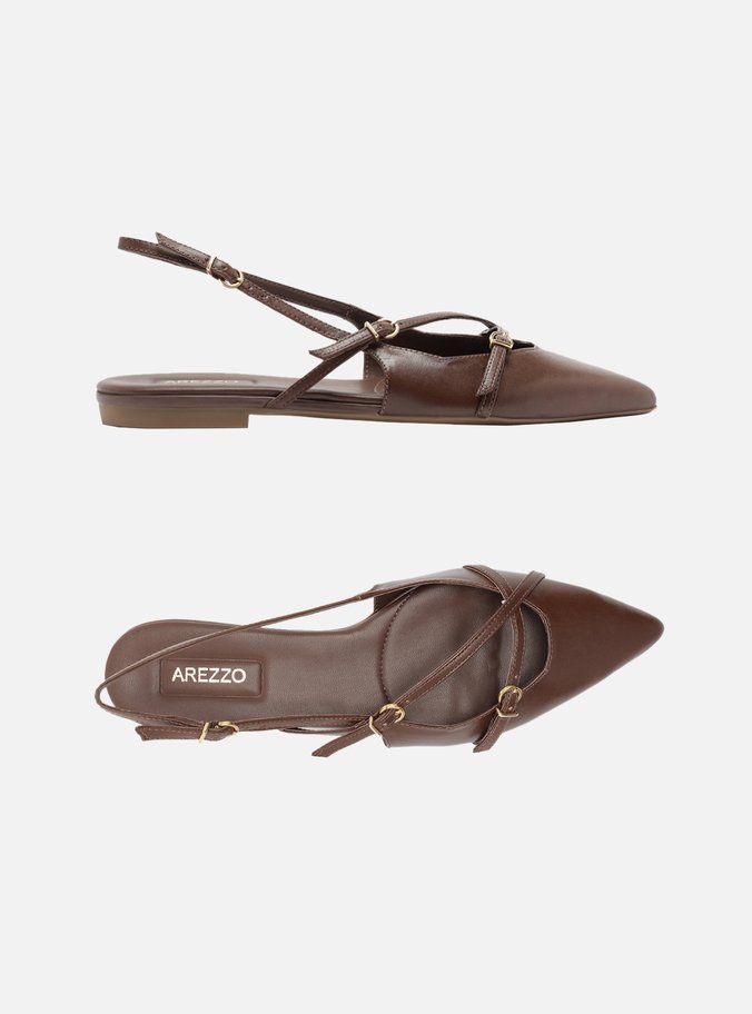 Sapatilha Marrom Couro Bico Fino Slingback Fivelas