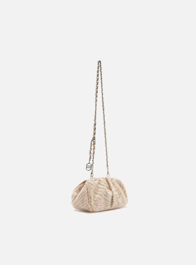 Bolsa Tiracolo Bege Tule Pequena Cristais