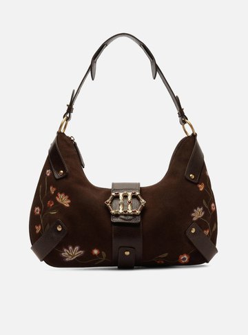 Bolsa Hobo Marrom Camurça Bordado Grande Metal Sextavado