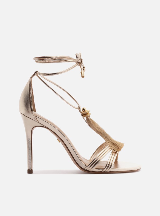 Sandália Dourada Salto Fino Amarração Franja