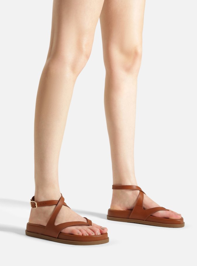 Sandália Papete Marrom Couro Tiras Cruzadas