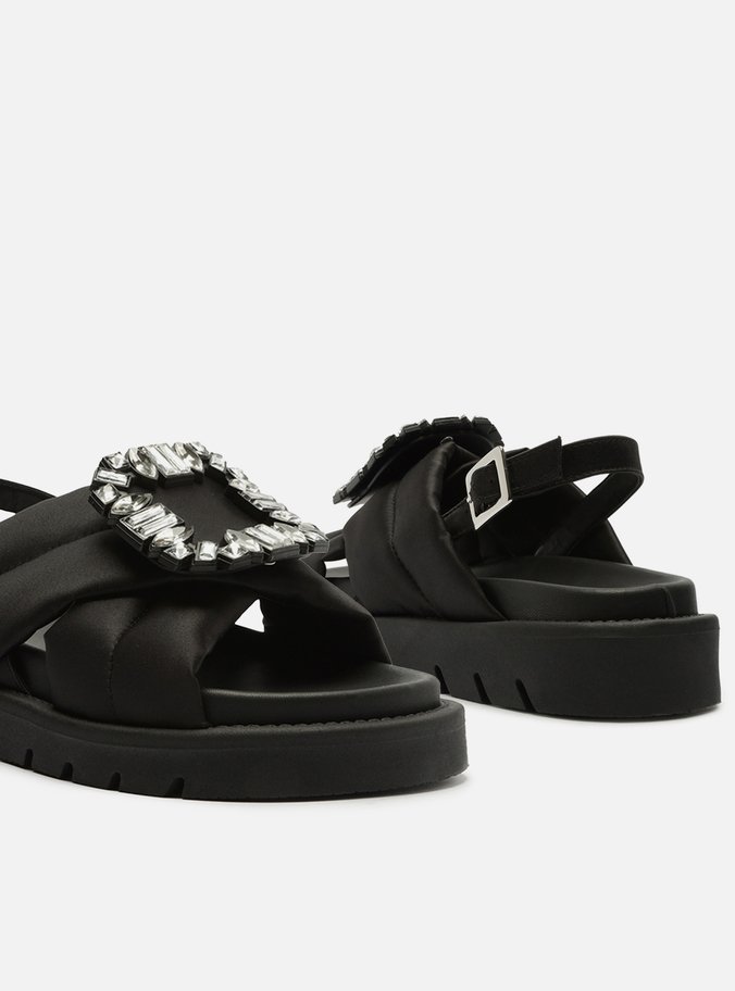 Sandália Papete Preta Cetim Flatform Pedraria