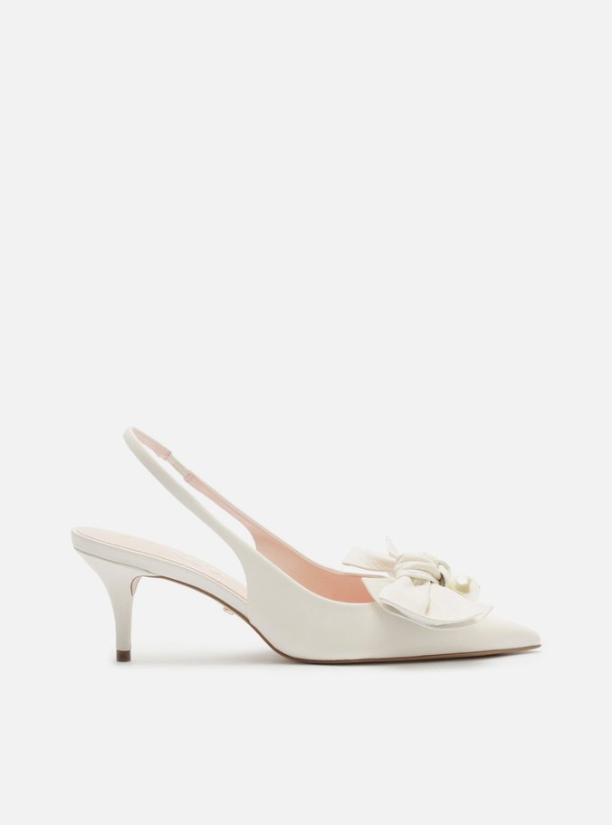 Scarpin Branco Couro Slingback Laço Pérolas