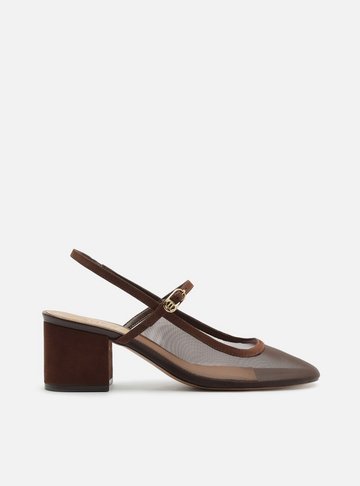 Arezzo — Scarpin Marrom Salto Bloco Tela Slingback