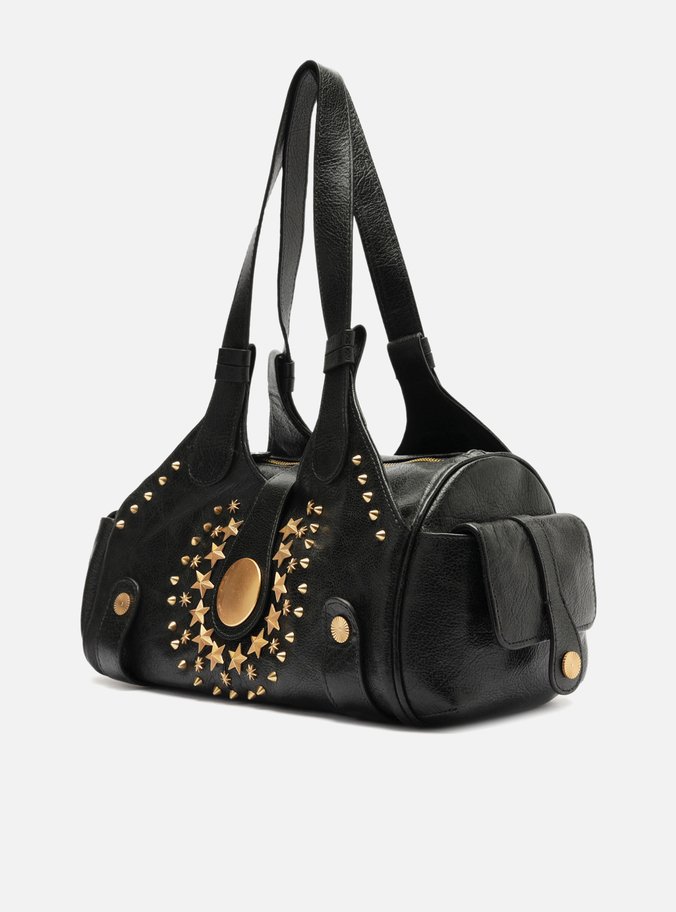 Bolsa Bowling Preta Couro Grande Metais Folk