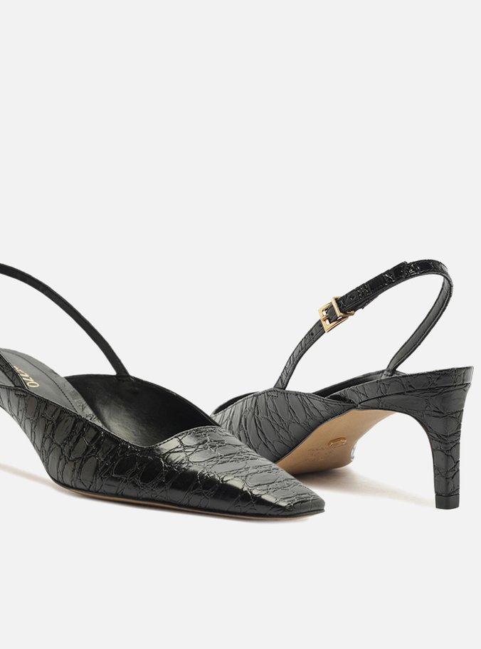 Scarpin Marrom Croco Salto Baixo Slingback