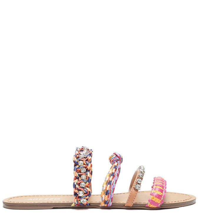 Rasteira Multicolorida Tiras Corda Pedrarias