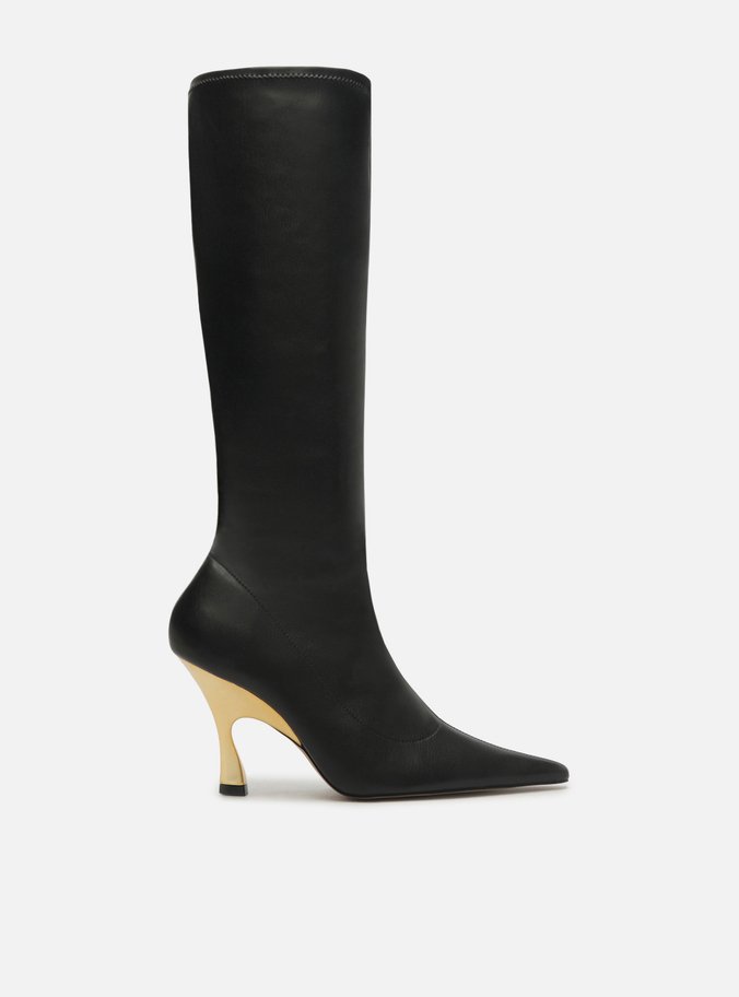 Bota Preta Skinny Cano Longo Salto Dourado
