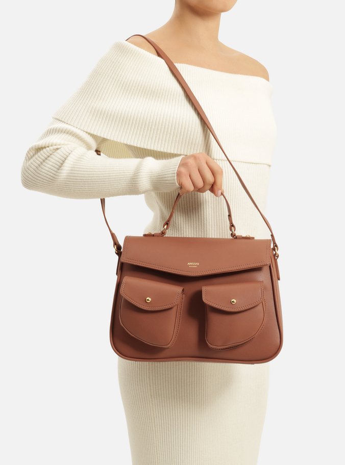 Bolsa Satchel Marrom Grande Bolsos Frontais