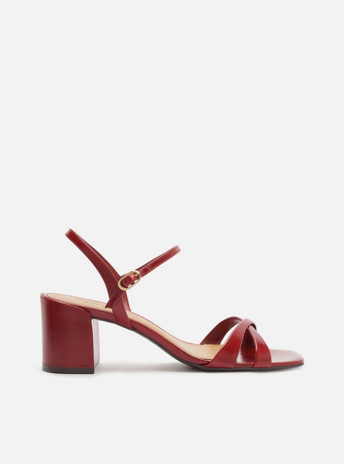 Sandália Vermelha Couro Salto Bloco Tiras