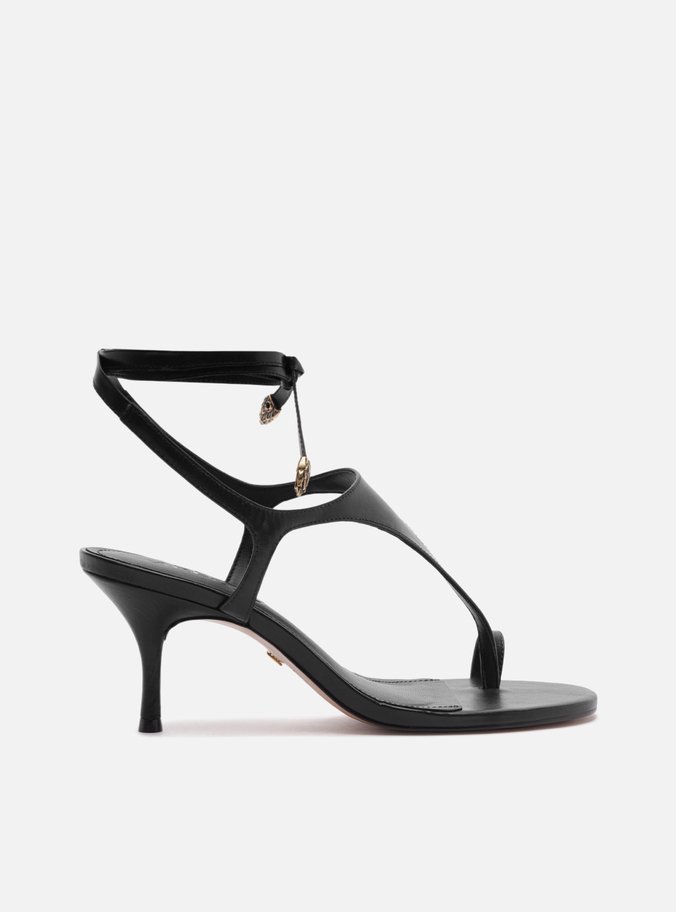 Sandália Preta Couro Salto Fino Amarração