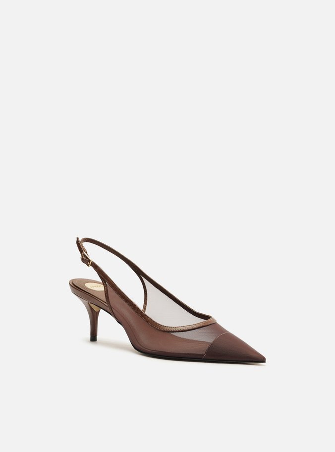 Scarpin Marrom Tela Salto Kitten Slingback
