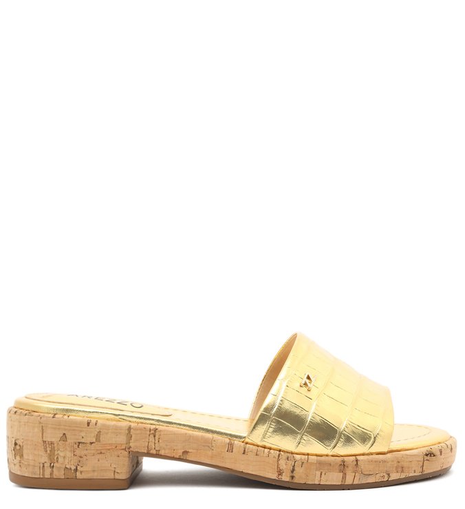 Sandália Dourada Couro Croco Flatform