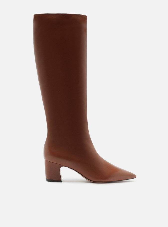 Bota Marrom Couro Cano Longo Salto Bloco