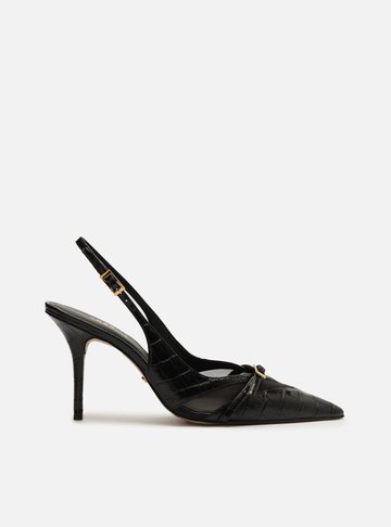 Scarpin Preto Croco Salto Alto Slingback Tela