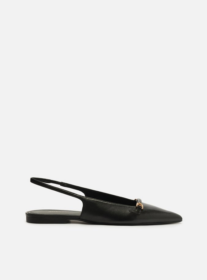Sapatilha Preta Couro Slingback Bico Fino Metais
