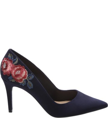 Scarpin Nobuck Bico Fino Floral Bordado Marinho