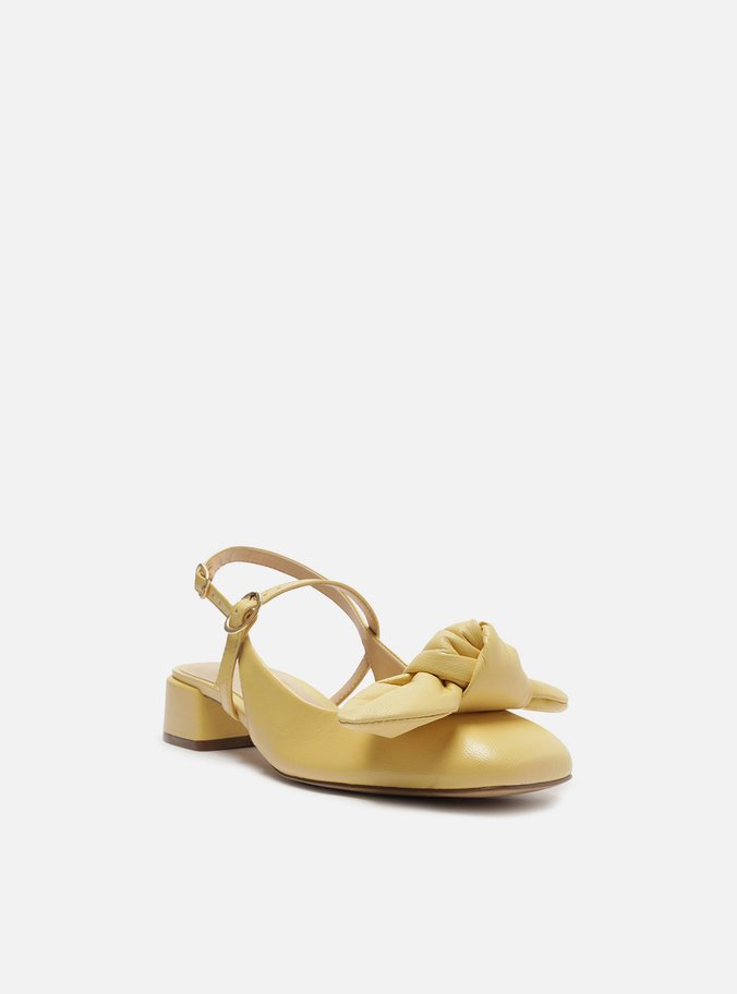 Sapato Boneca Amarelo Couro Salto Bloco Laço