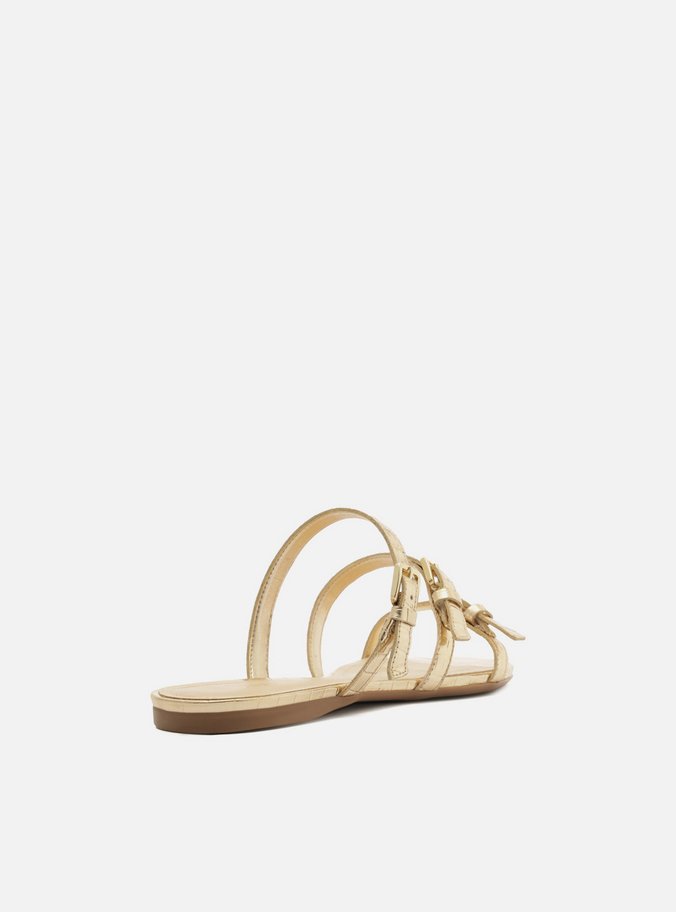 Rasteira Dourada Croco Tiras Fivelas