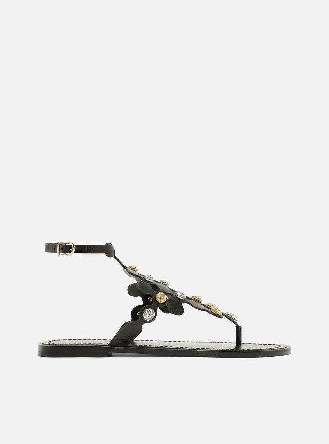 Sandália Rasteira Preta Couro Círculos Metais