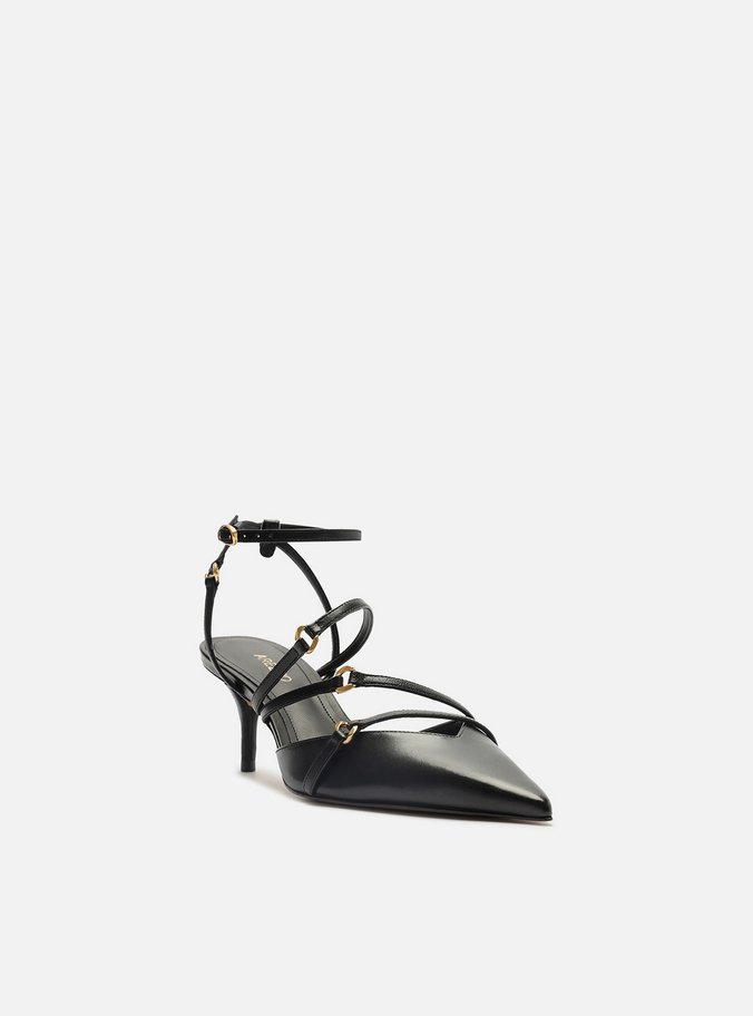 Scarpin Preto Couro Salto Kitten Tiras