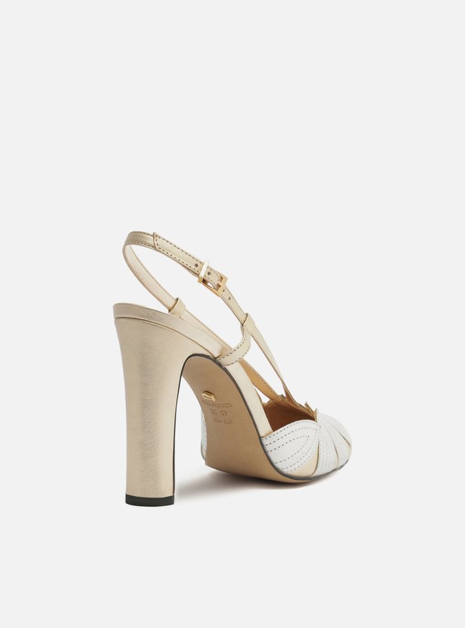 Scarpin Dourado Couro Salto Médio Folhas Prata